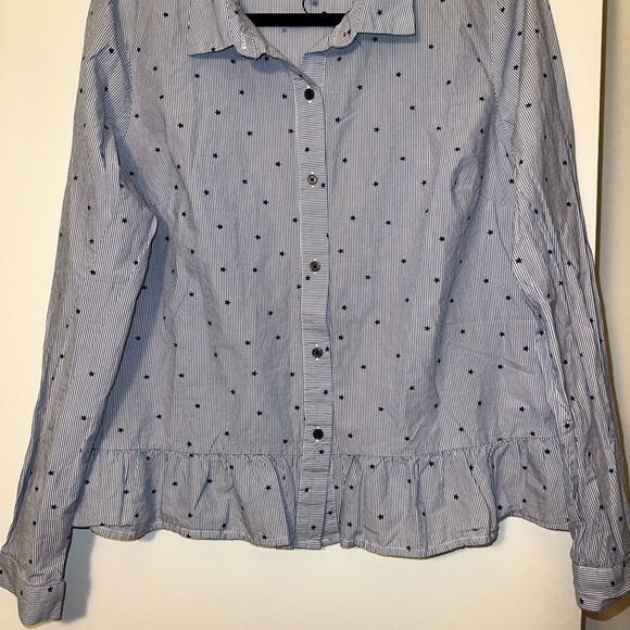 Tommy Hilfiger Large Blue White Stripe Star Pattern Ruffle LS Button Blouse NWOT - Picture 2 of 10
